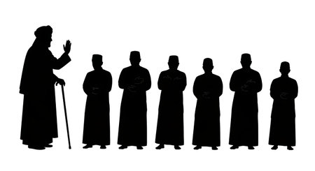 six unique black solid filled silhouettes of an Imam with a cane leading a group of men in Qiyam, no...