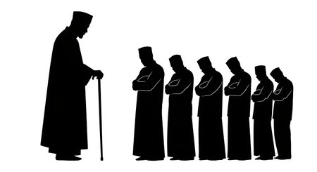 six unique black solid filled silhouettes of an Imam with a cane leading a group of men in Qiyam, no...