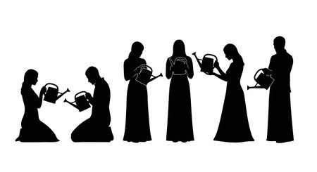 six unique black solid filled silhouettes of people in a garden with watering cans in prayer, no internal details, plain white backgroundのイラスト素材