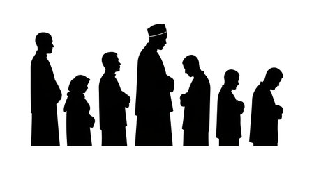 six unique black solid filled silhouettes of an Imam and followers in different heights,...
