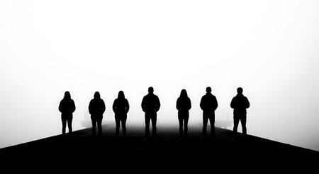 six distinct black solid filled silhouettes of people standing on a pier in thick fog, no facial...