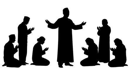six unique black solid filled silhouettes of an Imam leading a prayer for the elderly, hands open, no internal details, plain white backgroundのイラスト素材
