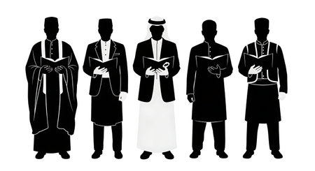 Six black solid filled silhouettes of men in traditional suits from different regions (African...