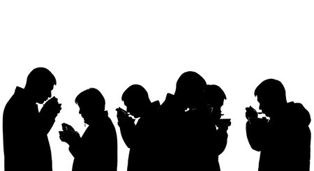 Half-dozen black solid filled silhouettes of people drinking hot soup from bowls with spoons during...