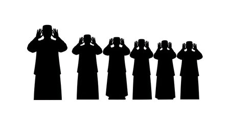 six distinct black solid filled silhouettes of an Imam leading a row in Takbir posture, hands near ears, no internal details, plain white backgroundのイラスト素材
