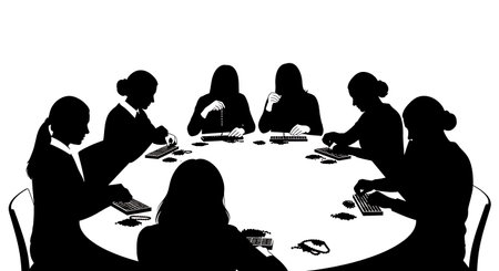 six distinct black solid filled silhouettes of a group of women sitting in a library counting beads, no internal details, plain white backgroundのイラスト素材