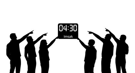 Six distinct black solid silhouettes of people pointing at a digital clock showing the Imsak time,...
