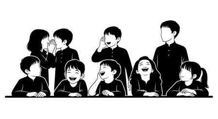 Set of six flat black solid silhouette figures showing kids whispering and laughing at the Sehri table, lighthearted family moments, no facial details, plain white backgroundのイラスト素材