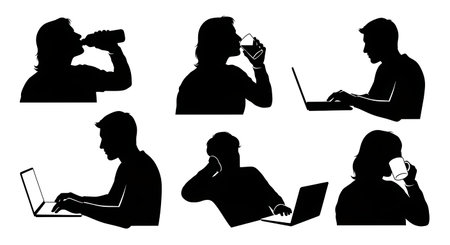 Collection of six black solid filled silhouettes of people drinking water and checking a laptop, work from home vibe, no gradients, plain white backgroundのイラスト素材