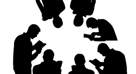 six distinct black solid filled silhouettes of people in a library or study hall in a circle of...
