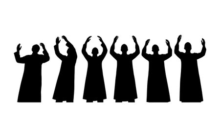 six unique black solid filled silhouettes of a row of men performing Takbir, low angle front view,...