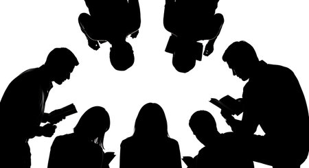 six distinct black solid filled silhouettes of people in a library or study hall in a circle of...