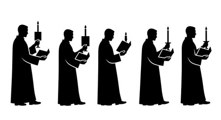 six distinct black solid filled silhouettes of men holding a candle and a holy book simultaneously,...