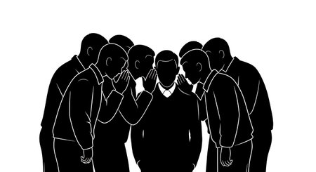 six black solid filled silhouettes of men whispering a prayer into another man's ear (intercession), no facial details, no textures, plain white backgroundのイラスト素材