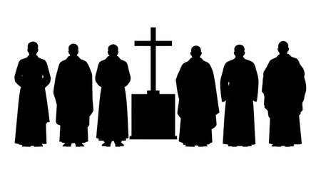 six distinct black solid filled silhouettes of men standing in a row, back view, looking toward a cross or altar, no internal details, plain white backgroundのイラスト素材