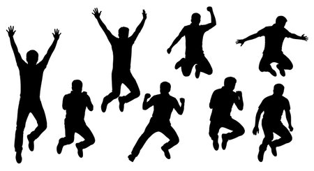 six unique black solid filled silhouettes of women in a joyful praise dance movement, no outlines, no gradients, plain white backgroundのイラスト素材