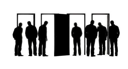 six distinct black solid filled silhouettes of men looking through an open door into a bright light,...