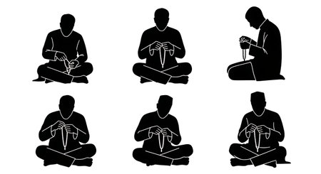 six unique black solid filled silhouettes of men sitting on a floor counting traditional prayer beads, flat vector, no facial details, no outlines, no gradients, plain white backgroundのイラスト素材