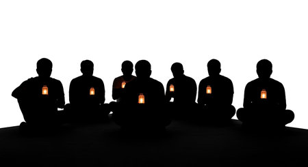 Six distinct black solid silhouettes of men sitting and holding a small lamp (implied) in a dark...