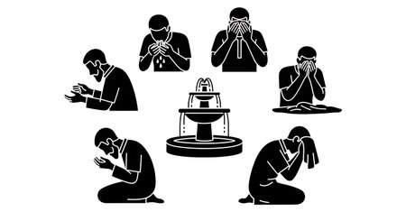 Six black solid filled silhouettes of men in a circle around a fountain, ablution (wudu) theme, flat vector pack, no gradients, plain white backgroundのイラスト素材