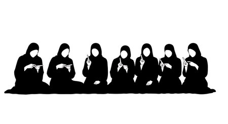 six distinct black solid filled silhouettes of a group of women sitting in a mosque counting...
