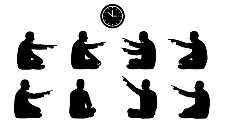 Six black solid silhouettes of men sitting and pointing at a clock on the wall (implied), time for prayer, flat vector pack, no outlines, plain white backgroundのイラスト素材