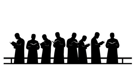 Detailed black solid filled vector shapes of six men standing and reading the Quran on a balcony...