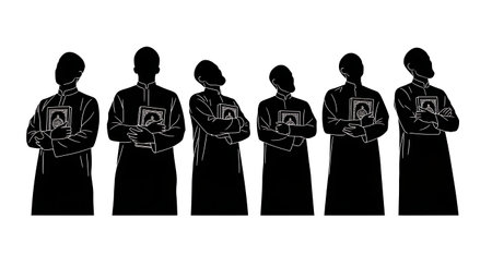 Detailed black solid filled vector shapes of six men standing and holding a Quran while looking at a...