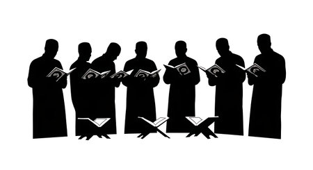 Professional black filled vector silhouettes of six men standing and turning the pages of the Quran,...