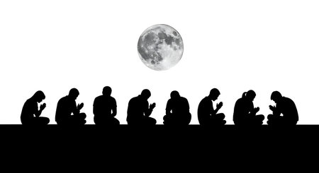 six distinct black solid filled silhouettes of people sitting on a high wall looking at the moon in prayer, no facial features, plain white backgroundのイラスト素材