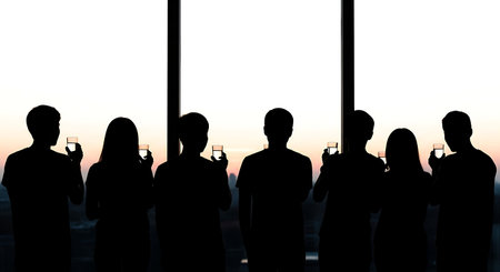 Six black solid filled silhouettes of individuals standing by a window and looking at the first...