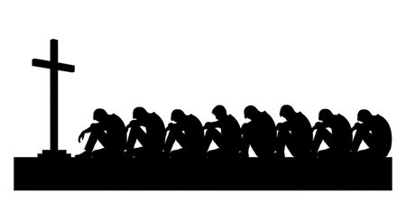 six black solid filled silhouettes of men sitting in a row on a wall looking at a cross, no internal details, plain white backgroundのイラスト素材