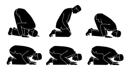 six unique black solid filled silhouettes of men in ruku, focus on straight neck alignment, no facial details, plain white backgroundのイラスト素材