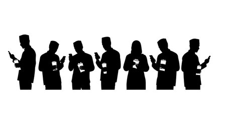 Six black solid filled silhouettes of individuals checking mobile phones for prayer times while...