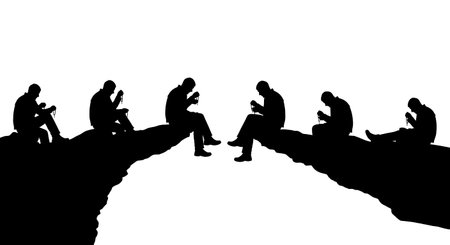 six distinct black solid filled silhouettes of a man sitting on a mountain ledge counting beads, no facial details, plain white backgroundのイラスト素材
