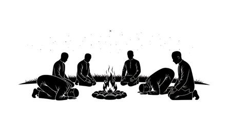 six unique black solid filled silhouettes of men in sujood by a campfire under the stars (implied), no facial features, plain white backgroundのイラスト素材