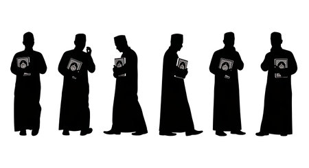Six black solid filled silhouettes of people standing with the Quran tucked under their arm, walking...