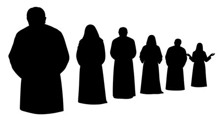 six distinct black solid filled silhouettes of a row of worshippers in a perspective view, looking...