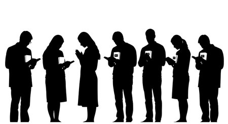 six distinct black solid filled silhouettes of worshippers in a row holding small pocket bibles or prayer books, no internal details, plain white backgroundのイラスト素材
