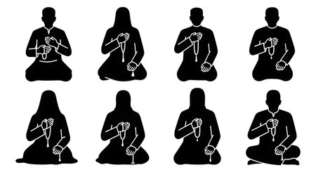 Six black solid filled silhouettes of people sitting and using prayer beads (tasbih), focus on hand-to-chest postures, flat vector pack, no outlines, plain white backgroundのイラスト素材