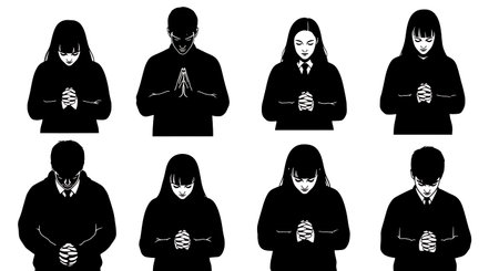 six unique black solid filled silhouettes of people holding hands in a long line for a prayer chain, no internal details, plain white backgroundのイラスト素材