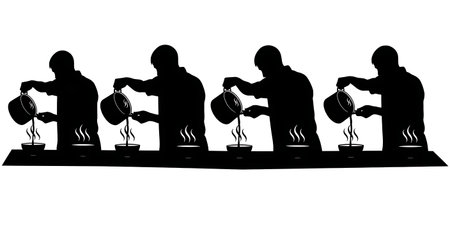 Six black solid silhouettes of a person pouring soup into a bowl, warm predawn meal theme, no facial features, plain white backgroundのイラスト素材