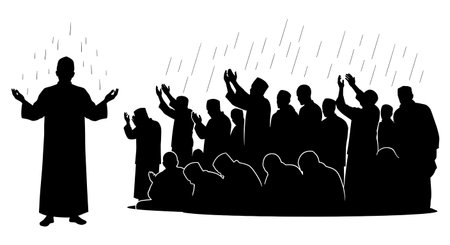 six unique black solid filled silhouettes of an Imam leading a congregation during a rainstorm...