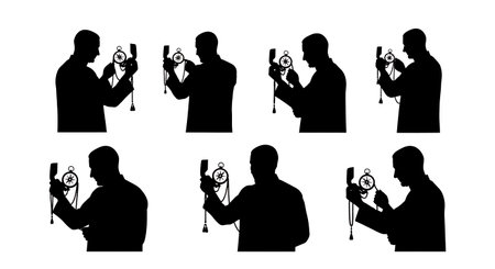 six unique black solid filled silhouettes of a man holding a tasbeeh and looking at a compass...
