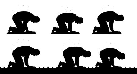 six distinct black solid filled silhouettes of a man in ruku on a rooftop at night, stars implied, no internal details, plain white backgroundのイラスト素材