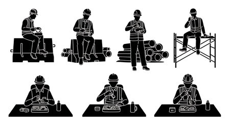 Six unique black solid filled silhouettes of workers in uniforms eating a packed suhur lunch at a construction site or office desk, no gradients, plain white backgroundのイラスト素材