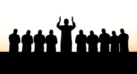 six unique black solid filled silhouettes of an Imam leading a row of men on a rooftop at sunset, no...
