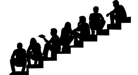 Six black solid filled silhouettes of people sitting on a staircase with a plate of food, informal setting, no textures, plain white backgroundのイラスト素材