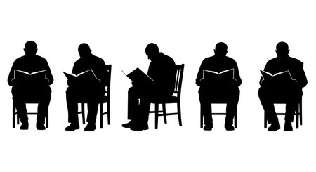 six distinct black solid filled silhouettes of elderly men sitting on chairs reading a large print holy book, no internal details, no textures, plain white backgroundのイラスト素材