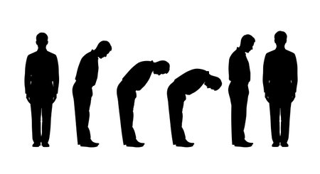 six distinct black solid filled silhouettes of people in a row during the transition from standing...